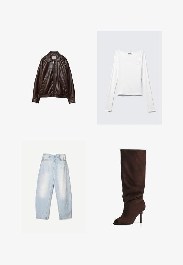 Veste en cuir synthétique marron foncé avec fermeture éclair frontale, col, deux poches en diagonale et ourlet élastique sur fond blanc.; Haut blanc à manches longues avec un design croisé et une poche. Fabriqué dans un tissu lisse et extensible. Coupé dans une coupe décontractée et ample.; Jean en denim bleu clair à coupe décontractée, avec une finition délavée, deux poches avant et une fermeture par bouton au niveau de la taille.; Botte marron foncé en suede, haute jusqu'au genou, avec un tige ample, un bout ouvert et un talon haut fin, photographiée sur fond blanc.