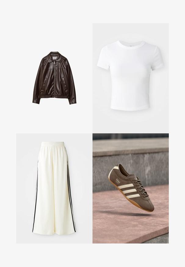 Mørkebrun imitær læderjakke med frontlynlås, krave, to skrå lommer og elastisk kant på hvid baggrund.; Simpel hvid kortærmet cropped t-shirt med rund halsudskæring, præsenteret på en neutral lys baggrund.; Hvide løse bukser med elastisk talje og sorte lodrette striber langs yderseams.; Brun ruskindssneaker med hvide striber og branding, med rund tå og ydersål af gummibelagt gummi, hængende over en struktureret overflade.
