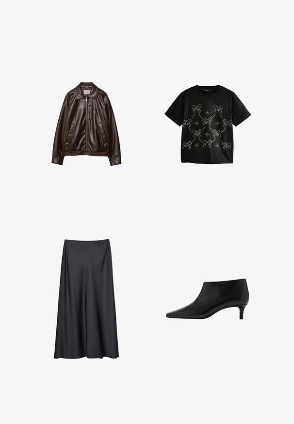 Veste en cuir synthétique marron foncé avec fermeture éclair frontale, col, deux poches en diagonale et ourlet élastique sur fond blanc.; T-shirt noir à manches courtes avec des nœuds en strass argentés et des motifs d'étoiles disposés en design drapé sur l'avant.; Jupe noire en A, réalisée en tissu lisse, dotée d'une large ceinture élastique et d'un design fluide qui tombe jusqu'à mi-mollet.; Bottine en cuir noir avec bout pointu et petit talon kitten, conçue pour un port élégant et formel.