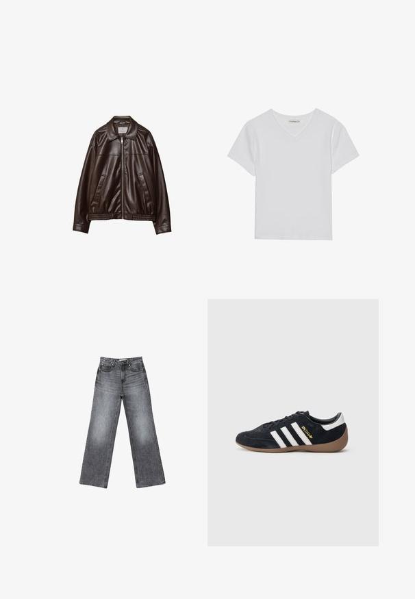 Veste en cuir synthétique marron foncé avec fermeture éclair frontale, col, deux poches en diagonale et ourlet élastique sur fond blanc.; T-shirt blanc à manches courtes en V, en tissu côtelé. Présente un design épuré avec un ourlet droit et un minimum de détails.; Jean en denim gris foncé à jambes larges avec une finition délavée, cinq poches, une fermeture à bouton et de subtils détails de couture le long des coutures.; Baskets en daim noir avec trois bandes blanches, semelle en caoutchouc beige, et un petit logo doré sur le côté. Dotées d'une doublure intérieure noire lisse.