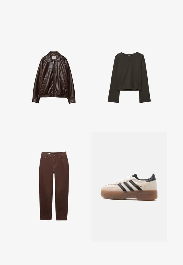 Donkerbruine neplederen jas met voorkleur, kraag, twee diagonale zakken en elastische zoom op een witte achtergrond.; Donkergroene cropped lange mouwen shirt gemaakt van zacht stof met een ronde halslijn en brede mouwen; zonder patronen of versieringen.; Bruine jeans met rechte pijpen, voorzien van een voorste knoop- en ritsluiting, en een ontwerp met vijf zakken op een witte achtergrond.; Witte en beige sneaker met zwarte strepen, zwarte hielstrook, "Spezial" label in goud en een dikke, doorschijnende bruine zool.
