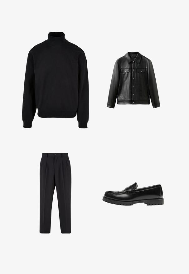 Sort læderjakke med krave, knapper foran og to brystlommer med klapper. Glat tekstur og skræddersyet pasform.; Sort turtleneck sweatshirt med afslappet pasform, lange ærmer og ribbede manchetter. Fremstillet af et blødt, struktureret stof.; Sorte skræddersyede bukser med forreste læg, bæltestropper og knaplukning i taljen.; Sort læderloafer med en kraftig gummisål og klassiske penny-strap detaljer, vist fra ydersiden.