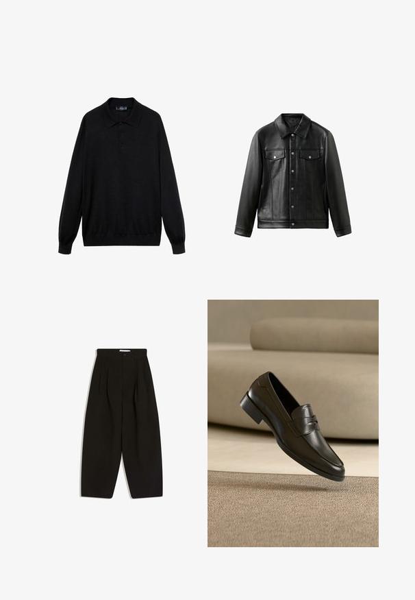 Schwarze Lederjacke mit Kragen, vorderen Knöpfen und zwei Brusttaschen mit Klappen. Glatte Textur und taillierte Passform.; Schwarzes Langarm-Polohemd aus weichem Stoff, mit klassischem Kragen, drei Knöpfen und gerippten Bündchen und Saum.; Schwarze, weit geschnittene Hosen aus weichem Stoff, mit plissiertem Vorderteil, Knopfverschluss und Seitentaschen für zusätzliche Funktionalität.; Schwarzer Leder-Slipper, der über einem beigen Teppich schwebt, mit einem beigen Sofa im Hintergrund, und zeigt das klassische Herren-Design zum Hineinschlüpfen.