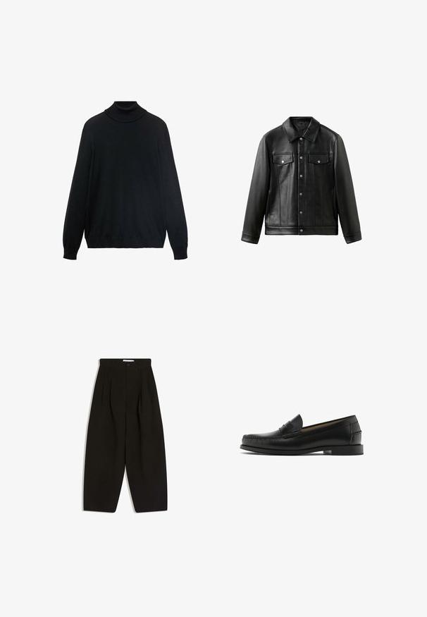Sort læderjakke med krave, knapper foran og to brystlommer med klapper. Glat tekstur og skræddersyet pasform.; Sort turtleneck sweater med en tætsiddende krave, lange ærmer og ribbede manchetter og kant. Lavet af blødt, strækbart stof med en glat tekstur.; Sorte bukser med vide ben lavet af blødt stof, med plisseret front, knaplukning og sidelommer for ekstra funktionalitet.; Sorte læderloafer med rundet tå, syningsdetaljer, glat tekstur og lav blokhæl. Ingen synlige udsmykninger eller mønstre.