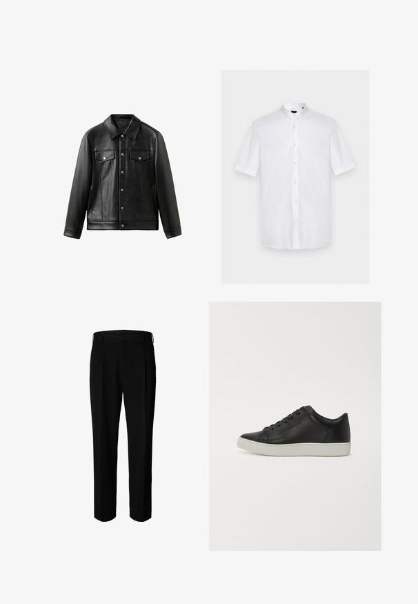 Musta nahkatakki, jossa on kaulus, etunapit ja kaksi rintataskua läpällään. Sileä tekstuuri ja räätälöity istuvuus.; Valkoinen lyhythihainen nappipaita mandariinikauluksella, edessä napit ja hillitty logo vasemmassa rinnassa.; Mustat juhlapöksyt vyölenkeillä, edessä nappi ja vetoketjusuljin, valkoista taustaa vasten esitetty.; Mustat nahkakengät, joissa on pyöreä kärki, litteä valkoinen kumipohja ja kuusi reiän nauhoitus. Sileä rakenne, minimalistinen tyyli.