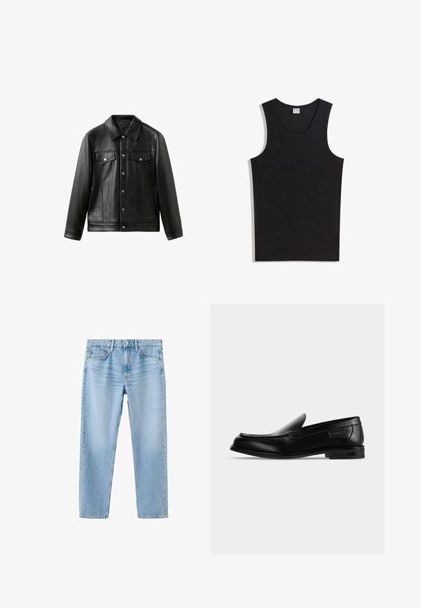 Veste en cuir noire avec col, boutons sur le devant et deux poches poitrine à rabat. Texture lisse et coupe ajustée.; Débardeur noir en coton, doté d'un col rond et d'une coupe sans manches. Texture lisse sans motifs ni accents visibles.; Jean en denim bleu clair à coupe droite, design à cinq poches, avec un léger effet délavé. Doté d'un bouton supérieur et d'une braguette zippée.; Mocassin noir en cuir à enfiler avec un petit talon, un bout arrondi et des surpiqûres décoratives le long du bord supérieur.