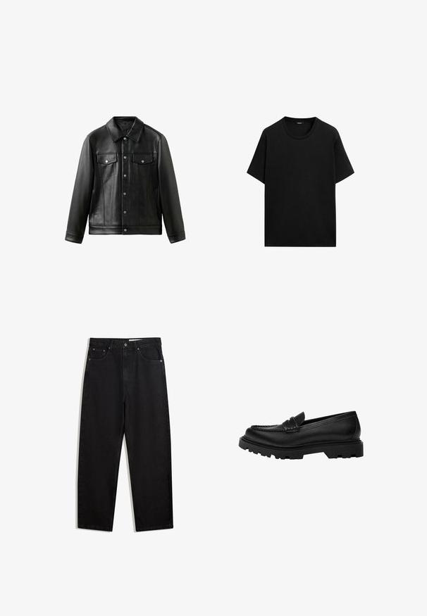 Veste en cuir noire avec col, boutons sur le devant et deux poches poitrine à rabat. Texture lisse et coupe ajustée.; T-shirt noir à manches courtes en coton, avec un col rond et une coupe décontractée. Aucune motif ni accent visible.; Pantalons en denim noir à coupe évasée. Comprend cinq poches, fermeture à bouton en métal et coutures contrastées. Texture lisse, design minimaliste.; Mocassin en cuir noir avec une semelle robuste et texturée. Présente un bord décoratif en couture et un petit talon pour un design contemporain.