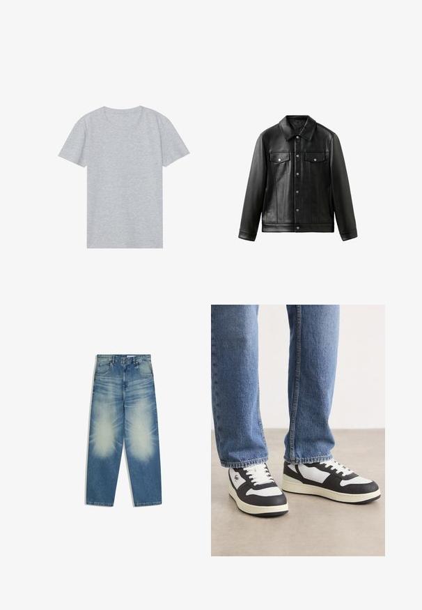Veste en cuir noire avec col, boutons sur le devant et deux poches poitrine à rabat. Texture lisse et coupe ajustée.; T-shirt gris à manches courtes en mélange de coton doux, avec un col rond classique et une texture lisse et légère.; Jean bleu taille haute à jambes droites avec des motifs délavés sur les cuisses, des poches avant, des passants pour ceinture et une fermeture à boutons.; Baskets basse noir et blanc avec une tige texturée, un bout perforé, des lacets blancs et une semelle couleur crème.