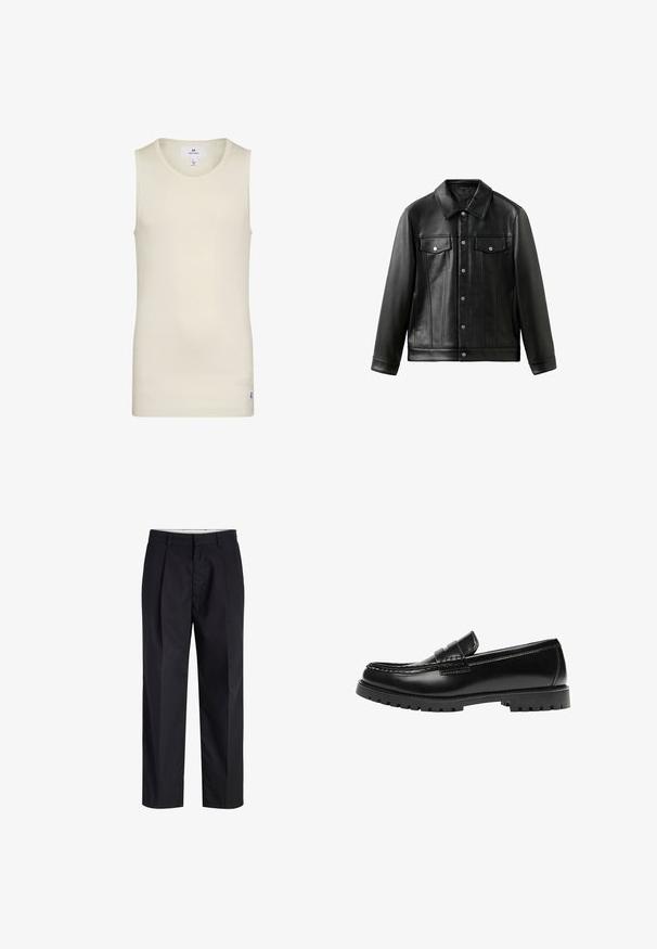 Veste en cuir noire avec col, boutons sur le devant et deux poches poitrine à rabat. Texture lisse et coupe ajustée.; Débardeur beige clair sans manches en tissu côtelé avec un col rond et une petite étiquette à l'ourlet. Design simple et ajusté.; Pantalon noir à jambes droites avec taille, passants de ceinture, fermeture éclair à l'avant et poches latérales, présenté sur fond blanc.; Mocassin en cuir noir avec une semelle en caoutchouc épaisse et un détail classique de bride à monnaie, vu de côté extérieur.