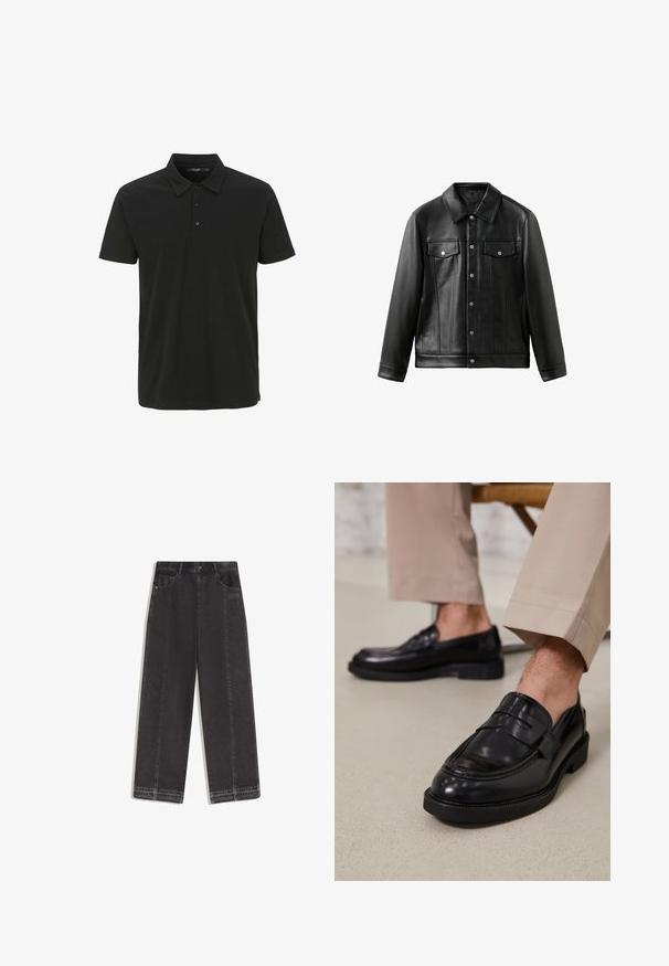 Zwarte leren jas met een kraag, knopen aan de voorkant en twee borstzakken met kleppen. Gladde textuur en een getailleerde pasvorm.; Zwarte polo shirt van katoen, met een kraag, knoopsluiting met drie knopen en korte mouwen. Glad textuur met een minimalistisch ontwerp.; Zwarte brede jeans met hoge taille, voorzakken, rafelige zoom en een subtiel "ODD SUPPLY" logo op het rechter zakgedeelte.; Zwarte leren loafers met een gladde afwerking, voorzien van een decoratieve band en contrasterende stiksels, gecombineerd met beige broeken.