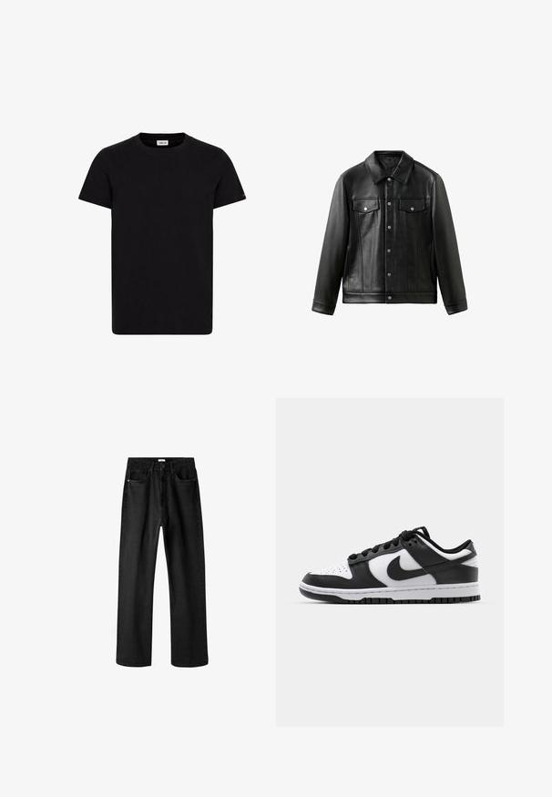 Veste en cuir noire avec col, boutons sur le devant et deux poches poitrine à rabat. Texture lisse et coupe ajustée.; T-shirt noir en coton avec un col rond, des manches courtes et un ourlet droit. Présente une petite étiquette logo sur le côté inférieur. Style ajusté.; Jean en denim noir avec une coupe droite, cinq poches et une fermeture à bouton. Présente une texture subtile et des coutures contrastées.; Baskets Nike Dunk en noir et blanc avec une tige en cuir, un bout perforé, des lacets noirs et une semelle en caoutchouc noir avec un motif de semelle.