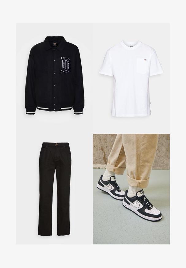 Schwarze Wollmischungjacke mit Druckknopfverschluss vorne, kontrastierenden weißen Streifen an den Manschetten und am Saum sowie besticktem Textdetail auf der Brust.; Weißes Baumwoll-T-Shirt mit Rundhalsausschnitt, kurzen Ärmeln und einer Brusttasche, die auf der linken Seite ein kleines Markenlogo aufweist.; Schwarze Jeans im geraden Schnitt aus Denim mit Knopfverschluss, Gürtelschlaufen und vorderen Taschen. Der Stoff hat eine glatte Oberfläche und minimale Nähte.; Schwarz-weiße Nike Air Force 1 Sneaker mit einem Obermaterial aus Leder, perforierter Zehenpartie und strukturiertem Sohlendesign, getragen mit aufgerollten beigen Hosen und weißen Socken.