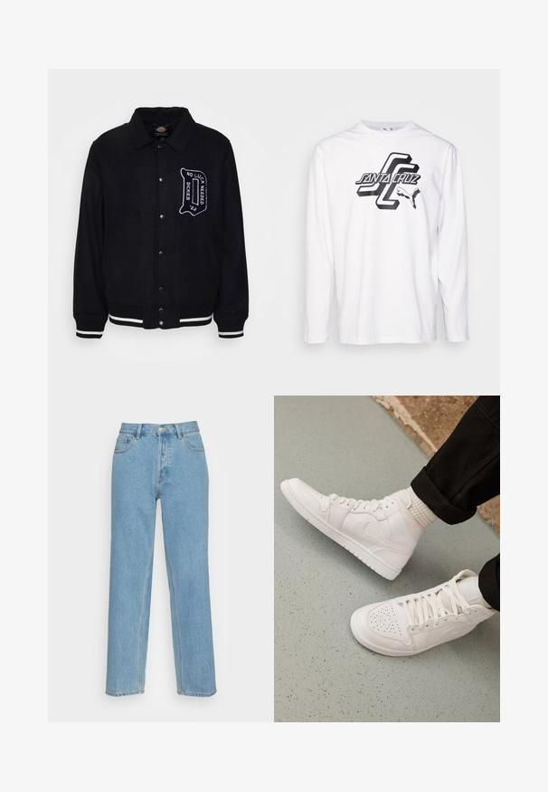 Chaqueta de mezcla de lana negra con cierre de botones en el frente, rayas blancas contrastadas en los puños y el dobladillo, y detalle de texto bordado en el pecho.; Puma SANTA CRUZ TEE - Camiseta de manga larga - white; Vaqueros de mezclilla rectos de color azul claro, que cuentan con un diseño clásico de cinco bolsillos, cierre frontal con botón y detalles de costura visibles.; Zapatillas altas blancas hechas de cuero suave con puntera perforada, cierre de cordones y sutil detalle del logo en el lateral. Suela de goma texturizada.