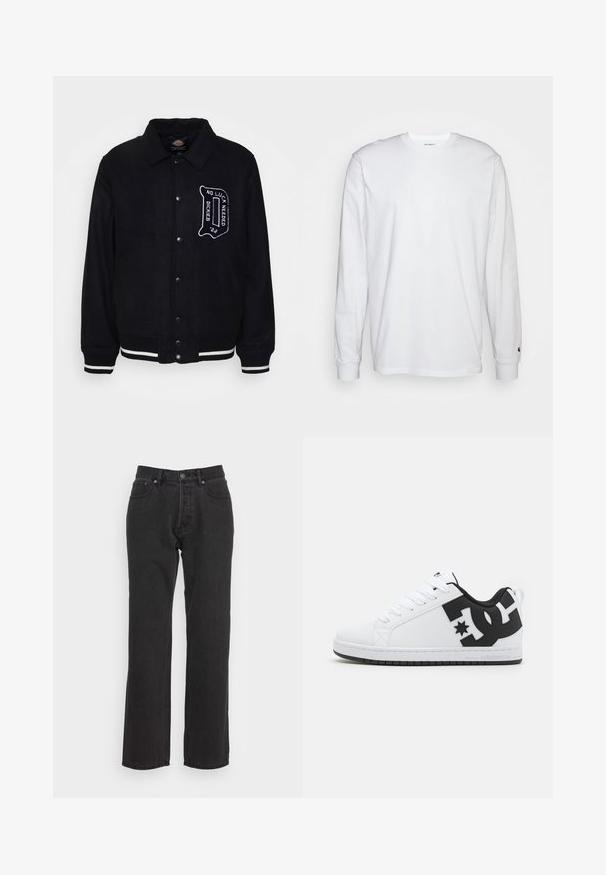 Chaqueta de mezcla de lana negra con cierre de botones en el frente, rayas blancas contrastadas en los puños y el dobladillo, y detalle de texto bordado en el pecho.; Camiseta blanca de manga larga hecha de algodón. Diseño de cuello redondo con puños acanalados y un pequeño logo en la manga izquierda. Textura suave.; Jeans de denim negro con un diseño de pierna recta, que cuentan con un cierre de botón frontal, lazos para cinturón y dos bolsillos laterales. Tejido texturizado.; Zapatillas deportivas blancas con una parte superior sintética lisa, que presenta acentos de logotipo negros y una suela de goma. Diseño con cordones, forma de puntera redondeada.