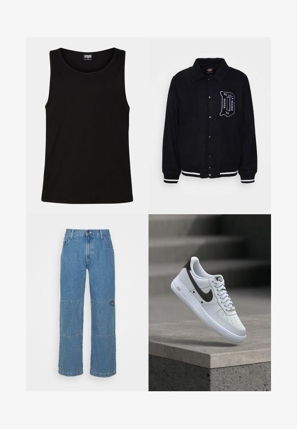 Veste en mélange de laine noire avec fermeture à pression sur le devant, rayures blanches contrastées sur les poignets et l'ourlet, et détail textuel brodé sur la poitrine.; Débardeur noir en coton doux. Il présente un col rond et des emmanchures larges, sans motifs ni accents visibles.; Jeans en denim bleu clair avec une coupe décontractée, présentant des panneaux en patchwork, une fermeture par bouton supérieur, un design à cinq poches et un logo subtilement apposé sur la jambe.; Baskets blanches Nike Air Force 1 avec logo Swoosh noir, flottant au-dessus d'un rebord en béton avec des escaliers flous en arrière-plan.