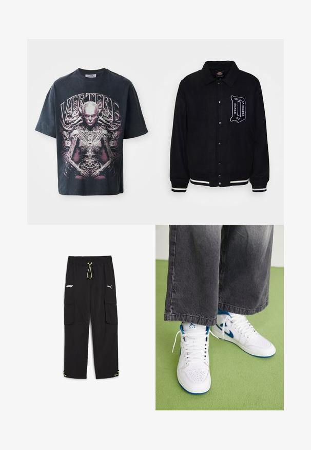 Chaqueta de mezcla de lana negra con cierre de botones en el frente, rayas blancas contrastadas en los puños y el dobladillo, y detalle de texto bordado en el pecho.; Camiseta gráfica negra de algodón, con un gran diseño en rosa y blanco de una figura humanoide con detalles intrincados y el texto "VERTERE."; Puma STATEMENT PANTS - Pantalones cargo - black; Zapatillas altas blancas con acentos azules, caja de puntera perforada y cordones blancos. Llevadas con pantalones de mezclilla grises sueltos sobre una superficie verde.