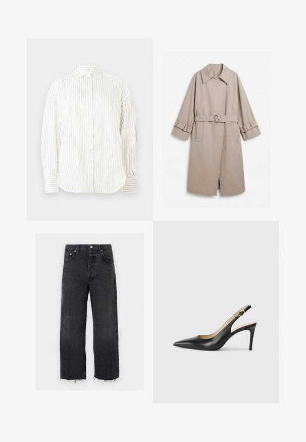 Beige lange trenchcoat met brede kraag, taille met riem en unieke metalen gesp, en bijpassende geriemde manchetten met metalen details.; Witte overhemd met subtiele verticale gouden strepen, een klassieke kraag en iets gepofte mouwen, met gestructureerde manchetten met bijpassende strepen.; Zwarte high-waist wijde broekspijpen jeans met onafgewerkte zoom, knoop aan de voorkant, ritssluiting en vijfzakkenontwerp.; Zwarte leren slingback-hakken met een spitse neus, verstelbare band en een elegante stiletto-hak, met een gladde afwerking.