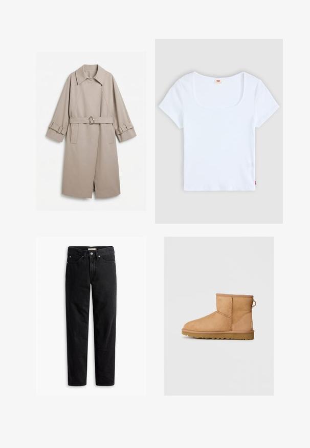 Trench-coat long beige avec col large, taille cintrée par une ceinture à boucle métallique unique, et poignets assortis ceinturés avec garniture métallique.; Haut blanc à manches courtes avec un décolleté carré, fabriqué en tissu à texture côtelée. Présente une petite étiquette logo rouge en bas à gauche.; Jeans noirs à jambe droite avec fermeture à bouton et à zip, passants de ceinture et poches avant et arrière, présentés à plat sur un fond blanc.; Bottines en suède beige avec bout rond, détails cousus, tirant à l'arrière et semelle en caoutchouc texturé. Conçues pour le confort et la chaleur.