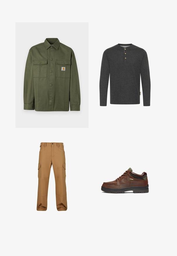 Olijfgroene blouse gemaakt van katoenen stof, met een knoopsluiting aan de voorkant, twee klepzakken en een logopatch op de linkerborst.; Donkergrijze lange mouwen shirt van zachte stof, met een henley-halslijn en drie houten knopen, plus een zijlabel.; Bruine cargobroek gemaakt van duurzaam materiaal, met meerdere zakken, een relaxte pasvorm en versterkte stikseldetails.; Bruin leren schoen met een klassiek ontwerp, uitgerust met een vetersluiting, groene accenten en een robuuste zwarte rubberen zool. GORE-TEX® label zichtbaar.