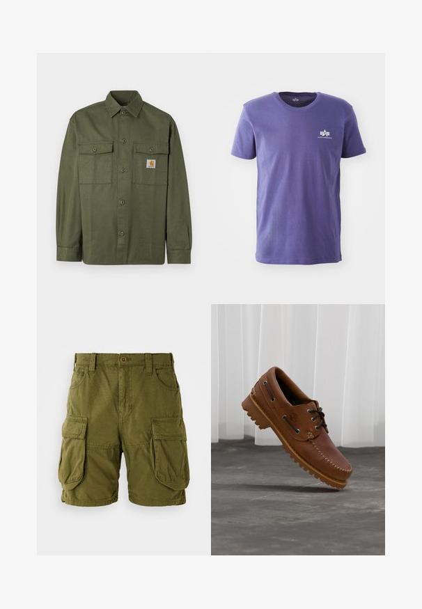 Camisa verde oliva de tela de algodón, con cierre de botones en la parte delantera, dos bolsillos con solapa y un parche con logo en el pecho izquierdo.; Camiseta morada de manga corta y cuello redondo con pequeño logo blanco de Alpha Industries en el pecho izquierdo sobre fondo blanco.; Pantalones cortos cargo color verde oliva, confeccionados en una mezcla de algodón. Cuentan con dos grandes bolsillos laterales y un cierre de botón con trabillas para cinturón. Textura suave.; Zapato náutico de cuero marrón con cordones negros, costuras beige y una suela resistente, suspendido sobre un suelo de hormigón gris.