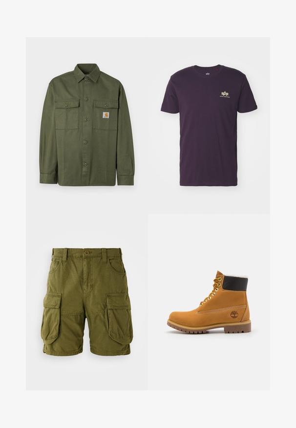 Camisa verde oliva de tela de algodón, con cierre de botones en la parte delantera, dos bolsillos con solapa y un parche con logo en el pecho izquierdo.; Camiseta de algodón morada con cuello redondo, mangas cortas y un logo dorado con alas en la parte superior izquierda. Textura suave, diseño casual.; Pantalones cortos cargo color verde oliva, confeccionados en una mezcla de algodón. Cuentan con dos grandes bolsillos laterales y un cierre de botón con trabillas para cinturón. Textura suave.; Botín de cuero marrón con ojales de metal, forro de piel sintética blanca, cuello acolchado negro, suela resistente y logotipo en relieve en el costado.