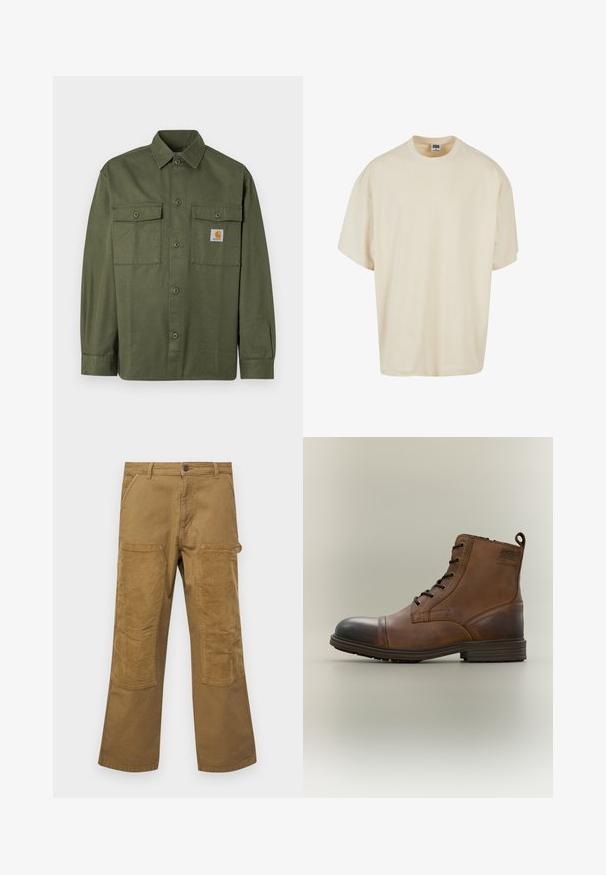 Chemise vert olive en tissu de coton, dotée d'un devant à boutons, de deux poches à rabat et d'un écusson logo sur la poitrine gauche.; T-shirt à manches courtes de couleur crème avec une coupe décontractée et un col rond ; fabriqué en coton doux, présentant de subtils détails de couture.; Pantalons cargo en coton marron avec des patchs en tissu côtelé contrastant, coupe droite, cinq poches et une fermeture à bouton.; Botte cheville en cuir marron à lacets avec bout noir, semelle ronde et détail de marque sur le côté sur fond uni.