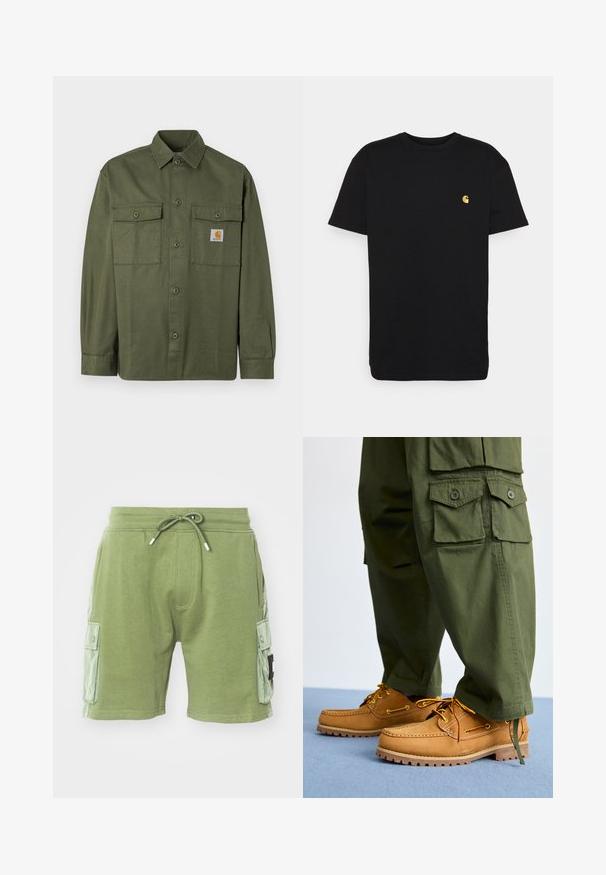 Chemise vert olive en tissu de coton, dotée d'un devant à boutons, de deux poches à rabat et d'un écusson logo sur la poitrine gauche.; T-shirt en coton noir à manches courtes, col rond, avec un petit logo jaune sur la partie gauche de la poitrine. Design simple et coupe régulière.; Shorts en coton verts avec taille élastique et cordon de serrage. Comprend deux poches cargo latérales et des accents de panneaux texturés sur les côtés.; Timberland AUTHENTIC 3 EYE - Chaussures bateau - wheat