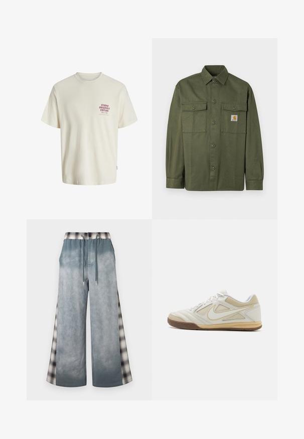 Camisa verde oliva de tela de algodón, con cierre de botones en la parte delantera, dos bolsillos con solapa y un parche con logo en el pecho izquierdo.; Camiseta blanca de manga corta con el texto rojo "Edición de Studio Originals" en el lado izquierdo del pecho, exhibida sobre un fondo gris neutro.; Pantalones gris de pierna ancha con cintura ajustable con cordón y paneles laterales con estampado de cuadros, combinando elementos de diseño casual y elegante.; Zapatilla deportiva blanca con parte superior texturizada, detalles en gris, diseño de cordones y suela de goma color marrón. Presenta un logotipo distintivo en el lateral.