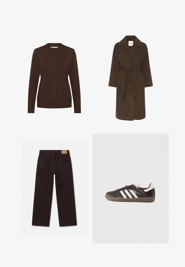 Soaked in Luxury SLRUBIE BELTED - Mantel - hot fudge; Bruine trui met een geribde ronde hals, lange mouwen en geribde zoom. Zachte textuur en eenvoudig ontwerp, geschikt voor casual gebruik.; Donkerbruine rechtvallende broek, gezien van achteren, met twee achterzakken en een beige rechthoekige patch op de tailleband.; Donkerbruine leren sneakers met een wit drie-strepen ontwerp, een rubberen zool en "Samba" in gouden letters aan de zijkant. Klassieke lage schoenvorm.