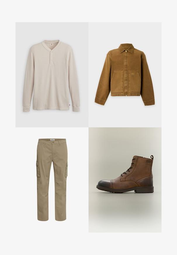 Bruine werkjas met rits aan de voorkant, twee grote voorzakken, een kraag en een klein vierkant logo op de linker zak.; Lange mouwen henley-shirt in lichtbeige ribbelstof, met een V-hals, een drieknoopsluiting en manchetten. Rode logo-label aan de onderkant.; Beige cargobroek van katoen, met meerdere zijzakken, een rechte pijp en een knoopsluiting op de taille.; Bruine leren enkellaars met veters, zwarte neuskap, ronde zool en merkdetail aan de zijkant tegen een effen achtergrond.
