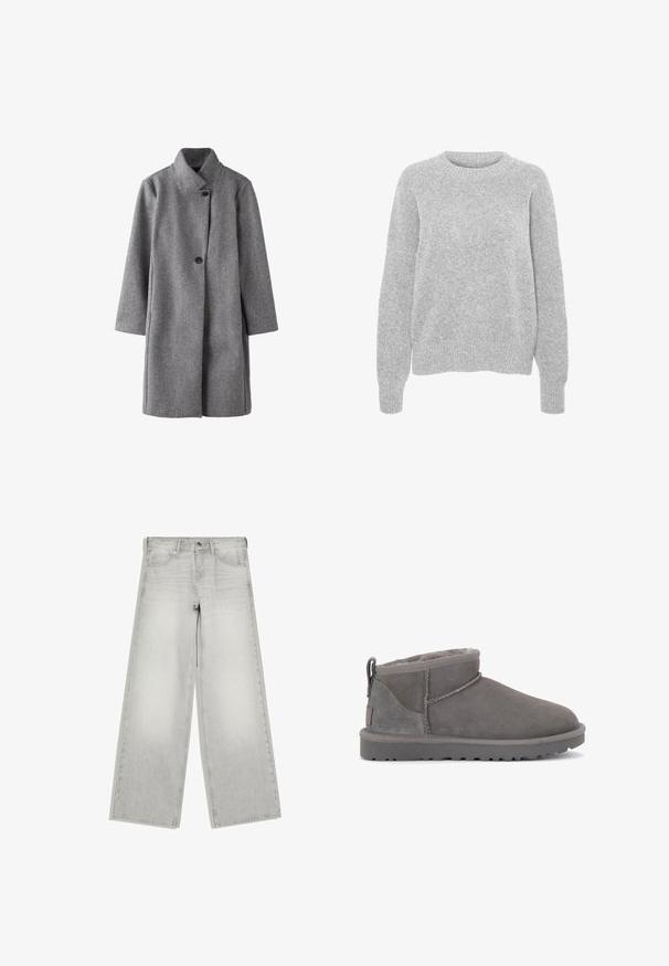 Lang grå uldfrakke med høj krave og to synlige sorte knapper foran, lige snit og lange ærmer.; Grå strikket sweater med lange ærmer, rund halsudskæring, ribbede manchetter og kant, med en blød struktur og afslappet pasform.; Lysegrå jeans med vide ben, knap- og lynlås-lukning, forlommer og bæltestropper, vist fladt på en hvid baggrund.; Grå ruskinds ankelstøvler med en blød indersål, minimal syning og en formstøbt gummisål. Har en løkke bagpå.