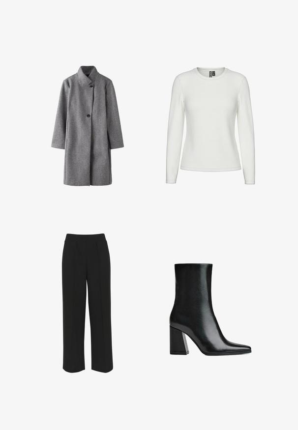 Long manteau en laine grise avec col haut et deux boutons noirs visibles à l'avant, coupe droite et manches longues.; T-shirt blanc uni à manches longues et col rond sur fond blanc uni, vu de face sans motifs ni logos visibles.; Pantalons larges noirs avec une taille plate, comportant des plis à l'avant et une texture lisse. Pas de poches ni de matériel visible.; Bottine en cuir noir avec un bout pointu et un talon bloc haut. Texture lisse avec une silhouette élégante et un design de base solide.