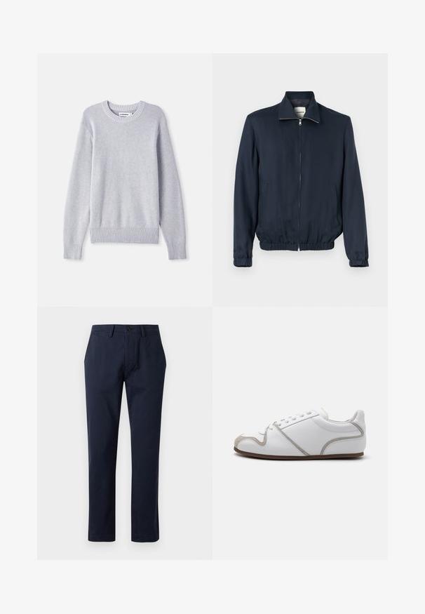 Mørkeblå lynlåstrøje med elastiske ærmeafslutninger og taljebånd, stående krave og to forlommer.; Lysegrå strikket sweater med rund halsudskæring, lange ærmer, ribbet manchetter og kant, prydet med et struktureret vævemønster hele vejen igennem.; Marineblå bukser med lige ben, bæltestropper, knaplukning foran og sidelommer, vist mod en ensfarvet baggrund.; Hvide sneakers med en glat læderoverdel, grå ruskindsdetaljer og enkelt snøredesign. Skridsikker brun gummisål; minimalistisk stil.