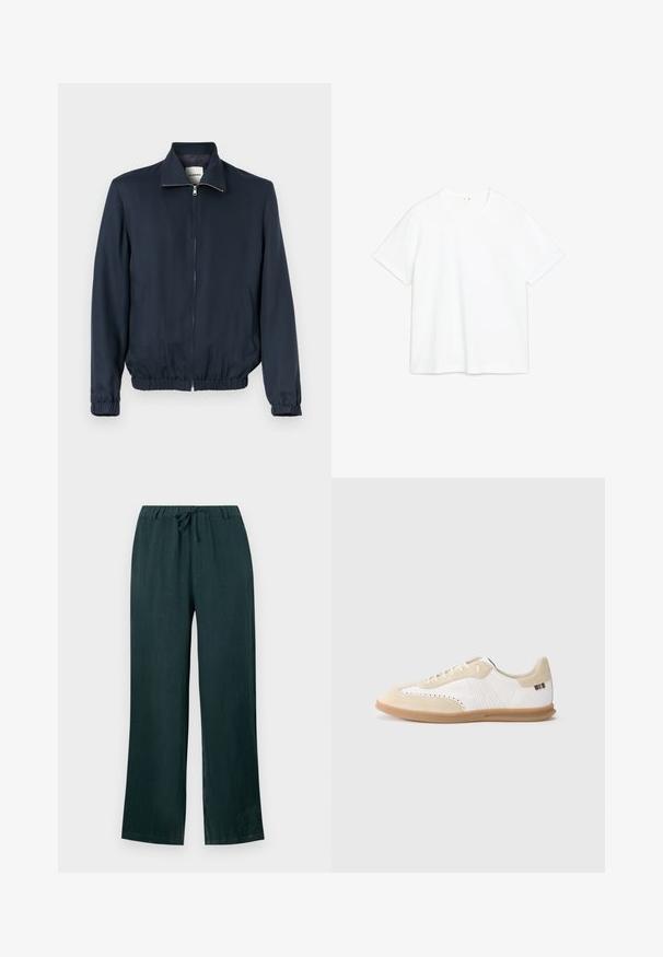 Veste zippée bleu marine avec poignets et taille élastiqués, col montant et deux poches avant.; T-shirt en coton blanc avec des manches courtes, col rond, coupe droite. Texture lisse, sans motifs ni accents visibles. Design simple et minimal.; Pantalons en lin vert foncé avec une coupe décontractée, dotés d'une taille à cordon de serrage et de jambes larges, texture lisse, et sans motifs visibles.; Baskets blanches avec accents en daim beige clair, détails perforés, lacets plats et semelle en caoutchouc naturel. Présentent un logo rayé sur le talon.