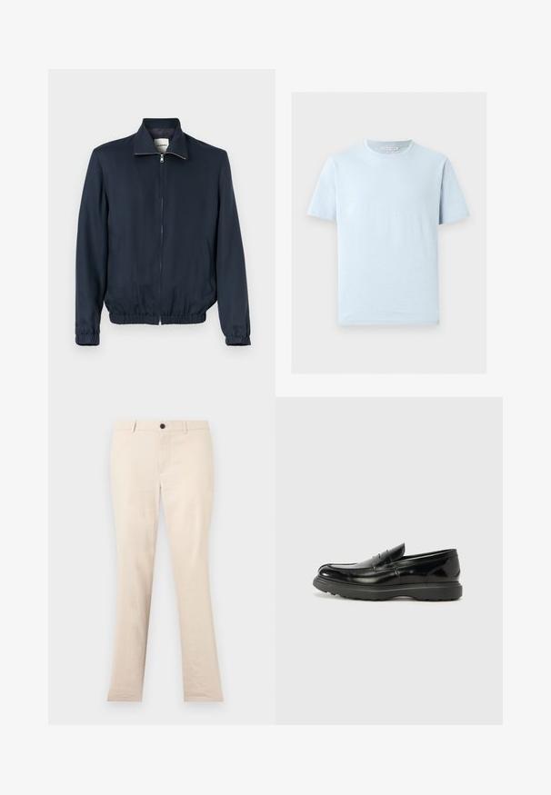 Veste zippée bleu marine avec poignets et taille élastiqués, col montant et deux poches avant.; T-shirt en coton bleu clair à manches courtes avec un col rond et un ourlet droit, présenté sur un fond clair uni.; Pantalon beige à jambes droites avec passants de ceinture, bouton avant et fermeture éclair, présenté sur un fond clair uni.; Mocassin en cuir noir avec une finition brillante, bout arrondi, détails de couture subtils et semelle en caoutchouc épaisse pour la durabilité.