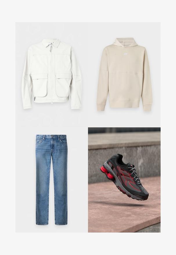 Valge jakk ees oleva tõmblukuga, kahe suure lapiga taskuga, pikkade varrukatega ja terava kraega, esitatud ühevärvilise tausta ees.; Beež Nike tuunika pikkade varrukate ja esiküljel oleva logoga, millel on kapuuts ning soonilised mansetid ja äär.; Heledad sinine teksapüks, sirge jala disain, viis taskut, metallne nööp kinnitamiseks, tuhmunud tekstuur ja kerge kulumisjälg esiküljel.; Must ja hall sportkinga punaste detailide, tekstuurse võrgust pealise ja silmapaistva kumerdatud kontsadudsusega. Omab keerukaid disainielemente.