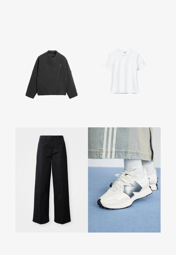 Donkergrijze wollen jas met lange mouwen, asymmetrische sluiting aan de voorkant en een drukknoop dicht bij de kraag, afgebeeld op een witte achtergrond.; Effen wit katoenen T-shirt met korte mouwen en ronde hals, plat afgebeeld op een witte achtergrond.; Zwarte wijde broek van zacht katoen. Voorzien van een klassieke tailleband, zijzakken en een rechte snit naar de zoom.; Witte sport sneakers met een zilveren accent, textiel en glad leer; met een zwarte rubberen zool en veters.