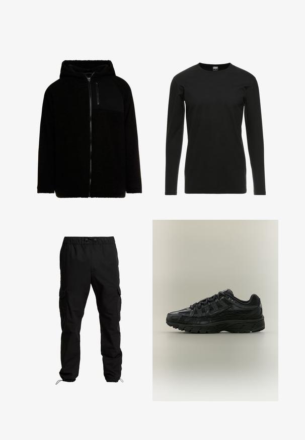 Haut à capuche en polaire noire avec une fermeture éclair à l'avant, une poche poitrine noire unie et une finition douce et texturée. Il comprend une capuche et des manches raglan.; Urban Classics STRETCH TERRY - T-shirt à manches longues - black; Pantalons cargo noirs en tissu durable, dotés d'une taille élastique, de cordons de serrage ajustables et de poches latérales avec fermetures à rabat.; Chaussure de course Nike noire avec tige en mesh et synthétique, fermeture à lacets et semelle texturée, vue de côté gauche sur fond uni.