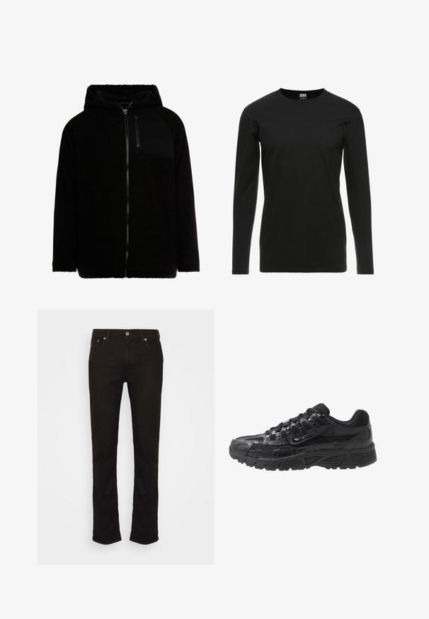 Mustmust mustriga, millel on lukuga eesmine osa, ühtlane must rinna-tasku ja pehme tekstuur. Omab kapuutsi ja raglan-varrukaid.; Urban Classics STRETCH TERRY - Pikkade varrukatega topp - black; Mustad denim püksid sirge lõikega, klassikalise viie taskuga disainiga, metallnupuga kinnitamine ja peened tõmblemise detailid.; Musthave tumejalanike, millel on võrk- ja sünteetiline ülemine osa, tekstuurne pind, nööriga kinnitamine ja mustriline kummist tall, mis tagab haarde.