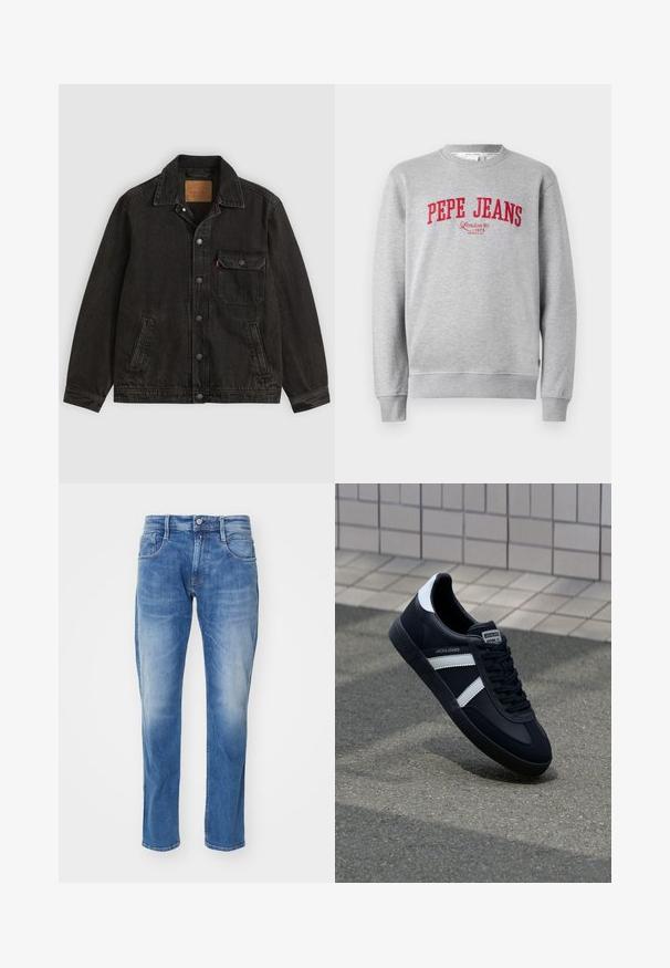 Schwarze Jeansjacke mit Kragen, vorderer Knopfleiste, einer Brusttasche mit Knopf und zwei Seitentaschen.; Grauer Sweatshirt mit rotem, gesticktem "PEPE JEANS"-Logo und dem Text "London W1 1973" darunter, mit gerippten Bündchen und Saum.; Hellblaue Jeans aus Denim mit geradem Bein, fünf Taschen, dezentem Verblassen und einem normalen Bund mit Knopfverschluss.; Schwarze Leder-Sneaker mit weißen Streifen, strukturiertem Gummisohle und Schnürung. Verfügt über ein Markenetikett auf der Zunge.