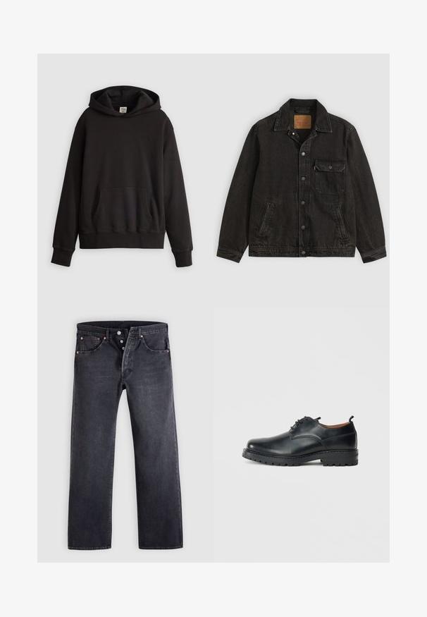Sort denimjakke med krave, forreste knaplukning, en brystlomme med knap og to sidelommer.; Sort Levi's hoodie med forsidekængurulomme og subtilt logo broderet på brystet, vist mod en ensfarvet lys baggrund.; Sorte denimjeans med lige snit, fem-lommer design og kobberknapdetaljer. Glat tekstur med let falmet finish.; Sorte læder derby-sko med en glat overflade, rund tå, snøre-design og en tyk, robust gummisål.