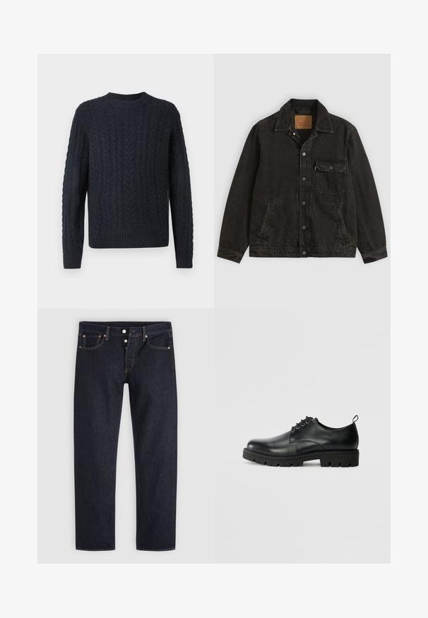 Schwarze Jeansjacke mit Kragen, vorderer Knopfleiste, einer Brusttasche mit Knopf und zwei Seitentaschen.; Dunkelblauer Strickpullover mit strukturiertem Zopfstrickmuster, rundem Ausschnitt sowie geripptem Saum und Bündchen. Weicher Stoff, lange Ärmel.; Dunkelblaue Jeans mit geradem Bein, Knopfleiste, vorderen und hinteren Taschen sowie Kupfernieten auf hellgrauem Hintergrund.; Schwarze Lederschuhe mit runder Zehenform, ausgestattet mit einer Schnürung, robustem schwarzen Gummisohle und einer kleinen Fersenschlaufe auf der Rückseite.