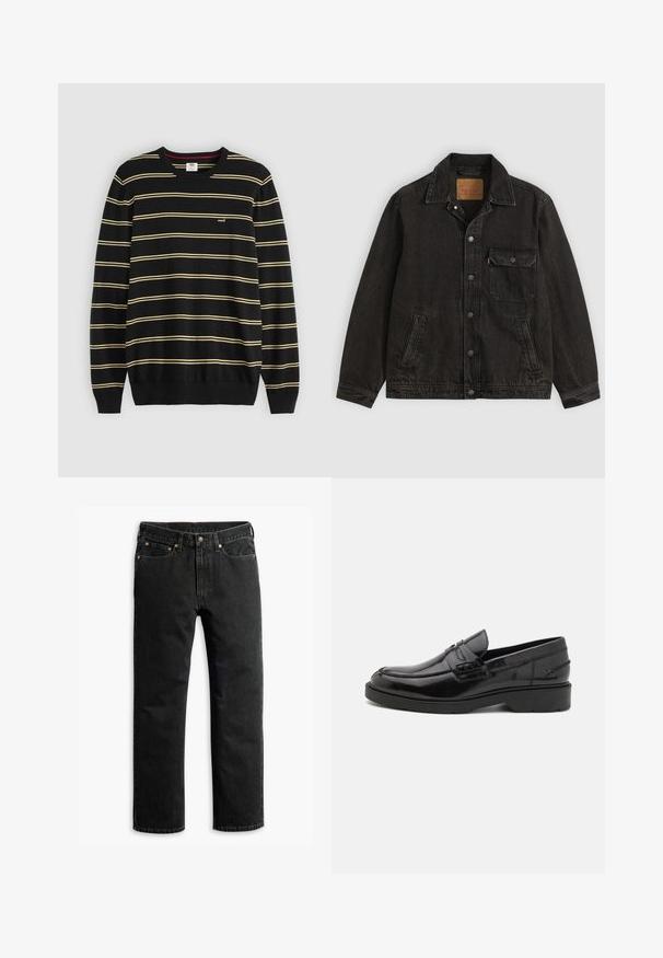 Sort denimjakke med krave, forreste knaplukning, en brystlomme med knap og to sidelommer.; Sort sweater med vandrette gule striber, ribbet rund halsudskæring og manchetter; lille logo på venstre bryst.; Sorte lige ben denim jeans med fem lommer, bæltestropper og en knaplukning i taljen, lagt fladt på en hvid baggrund.; Sorte læder loafers med en glat finish, rund tå, lav hæl og dekorativ syning langs forsiden. Gummisål for godt greb.