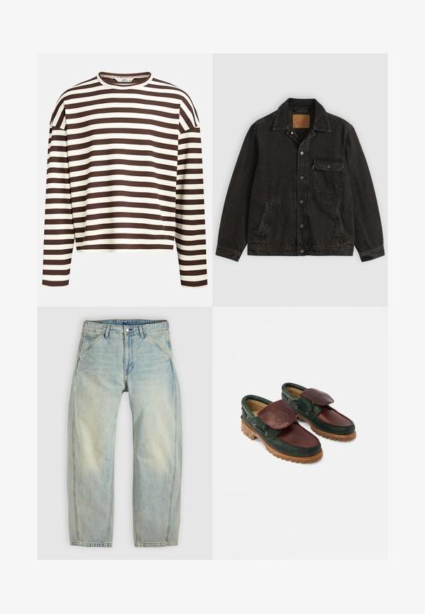 Sort denimjakke med krave, forreste knaplukning, en brystlomme med knap og to sidelommer.; Brun og creme stribet langærmet top med en rund halsudskæring, ribbet tekstur og sænkede skuldersømme, der har en cropped pasform.; Lys blå jeans med vide ben lavet af denim. Har fem lommer, en knaplukning og falmede områder for et brugt udseende.; Lædersko med en mørkegrøn krop og en burgunderrød top, rund tå, fastgjort klap og tekstureret gummisål med riller.