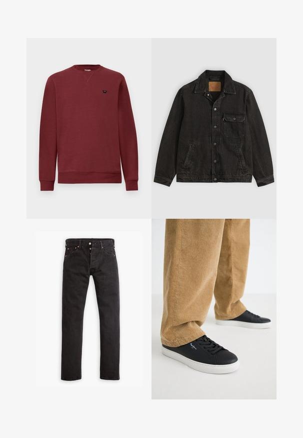 Zwarte spijkerjas met kraag, vooraan knoopsluiting, één knoopsluitende borstzak en twee zijzakken.; Bordeaux sweatshirt met een ronde hals, lange mouwen, ribgebreide boorden en een boord onderaan. Voorzien van een klein zwart logo op de linkerborst.; Zwarte slim-fit jeans met knoopsluiting, vijf zakken en koperen klinknagels, plat gelegd op een witte achtergrond.; Zwarte leren sneakers met witte rubberen zolen. Draagt een paar tan corduroy broeken met verticale ribbels en een ontspannen pasvorm.