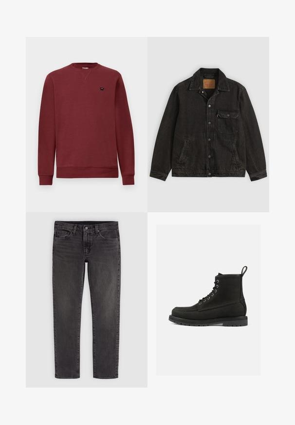 Sort denimjakke med krave, forreste knaplukning, en brystlomme med knap og to sidelommer.; Bordeaux sweatshirt med rund halsudskæring, lange ærmer, ribbede manchetter og kant. Har et lille sort logo på venstre bryst.; Sort denim jeans med lige ben, knap- og lynlåslukning, for- og baglommer samt bæltestropper.; Sorte læder ankelstøvler med rund tå, snørebånd, metaløjer og en struktureret gummisål. Har en dekorativ træksløjfe.
