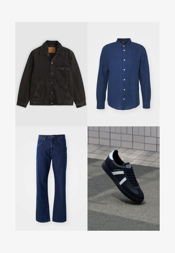 Schwarze Jeansjacke mit Kragen, vorderer Knopfleiste, einer Brusttasche mit Knopf und zwei Seitentaschen.; Dunkelblaues Langarmhemd mit Button-Down-Kragen, weißen Knöpfen und dezentem gesticktem Logo auf der Brust. Weiches Material, gerade Schnittform.; Dunkelblaue gerade geschnittene Jeans mit Knopf- und Reißverschluss, Gürtelschlaufen und Fronttaschen vor einem schlichten Hintergrund.; Schwarze Leder-Sneaker mit weißen Streifen, strukturiertem Gummisohle und Schnürung. Verfügt über ein Markenetikett auf der Zunge.