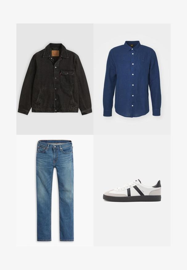 Schwarze Jeansjacke mit Kragen, vorderer Knopfleiste, einer Brusttasche mit Knopf und zwei Seitentaschen.; Dunkelblaues Langarmhemd mit Button-Down-Kragen, weißen Knöpfen und dezentem gesticktem Logo auf der Brust. Weiches Material, gerade Schnittform.; Blaue gerade geschnittene Jeans mit Knopf- und Reißverschluss vorne, Fünf-Taschen-Design und dezenten Ausbleichungen an Oberschenkeln und Knien.; Weiße Sneaker mit schwarz- und grau-aczenten, ausgestattet mit einer strukturierten grauen Zehenkappe, schwarzer Gummi-Sohle und flachen weißen Schnürsenkeln. Sauberes Design, minimalistische Stil.