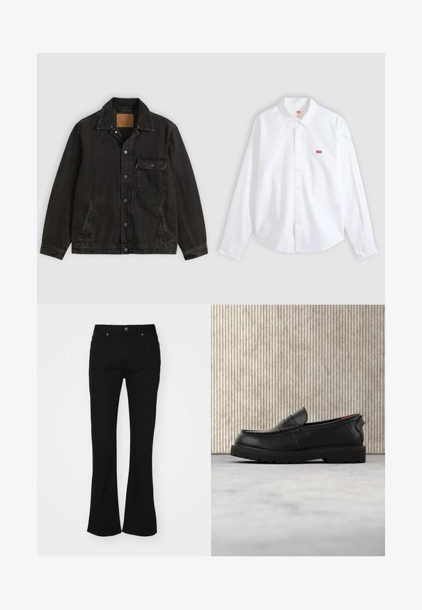 Sort denimjakke med krave, forreste knaplukning, en brystlomme med knap og to sidelommer.; Hvid langærmet skjorte med knapper og krave samt lille rødt Levi's-logo på venstre brystområde på en neutral baggrund.; Sorte højtaljede flared jeans med frontknap og fem-lomme-design, præsenteret på en hvid baggrund.; Sort læderloafer med robust sål og rødt indvendigt for, placeret i luften over beige tæppe og nær træmøbler.
