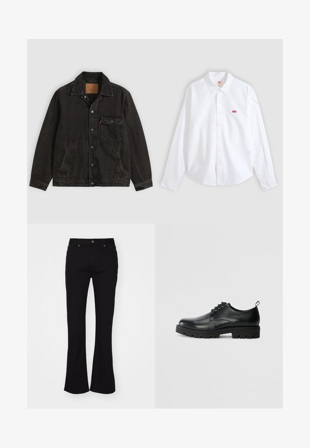 Sort denimjakke med krave, forreste knaplukning, en brystlomme med knap og to sidelommer.; Hvid langærmet skjorte med knapper og krave samt lille rødt Levi's-logo på venstre brystområde på en neutral baggrund.; Sorte højtaljede flared jeans med frontknap og fem-lomme-design, præsenteret på en hvid baggrund.; Sort læder sko med en rund tå, der har snørelukning, solid sort gummisål og en lille hælflap bagpå.